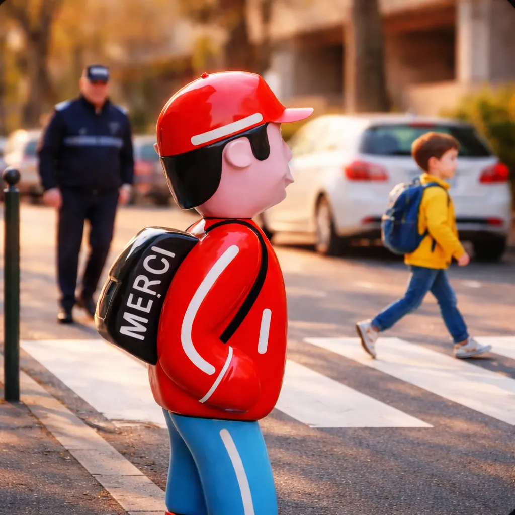 Figurine de sécurité aux abords d'une école, parent et enfant traversant au passage piéton