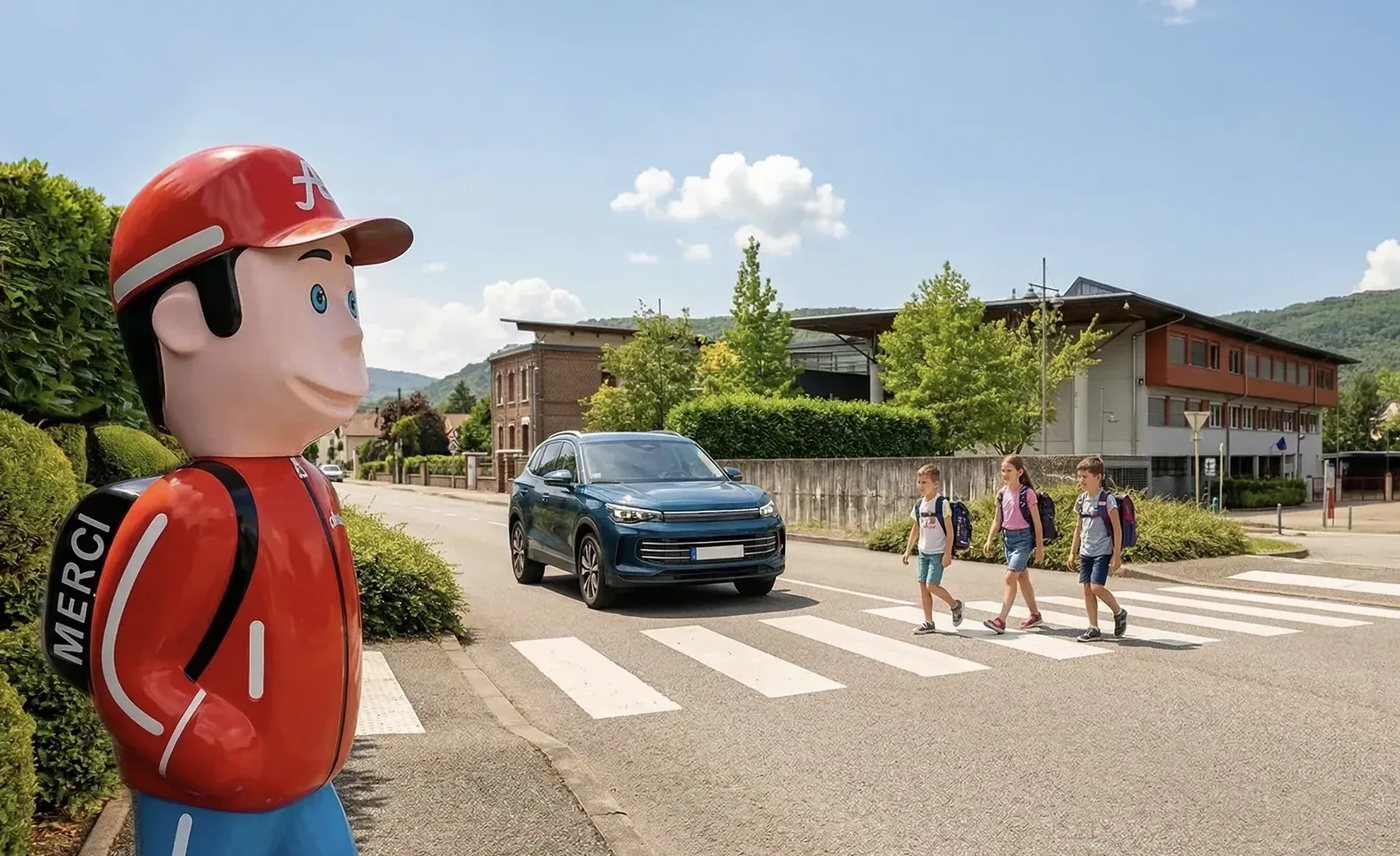 Figurine Arthur installée au bord d'un passage piéton emprunté par des écoliers