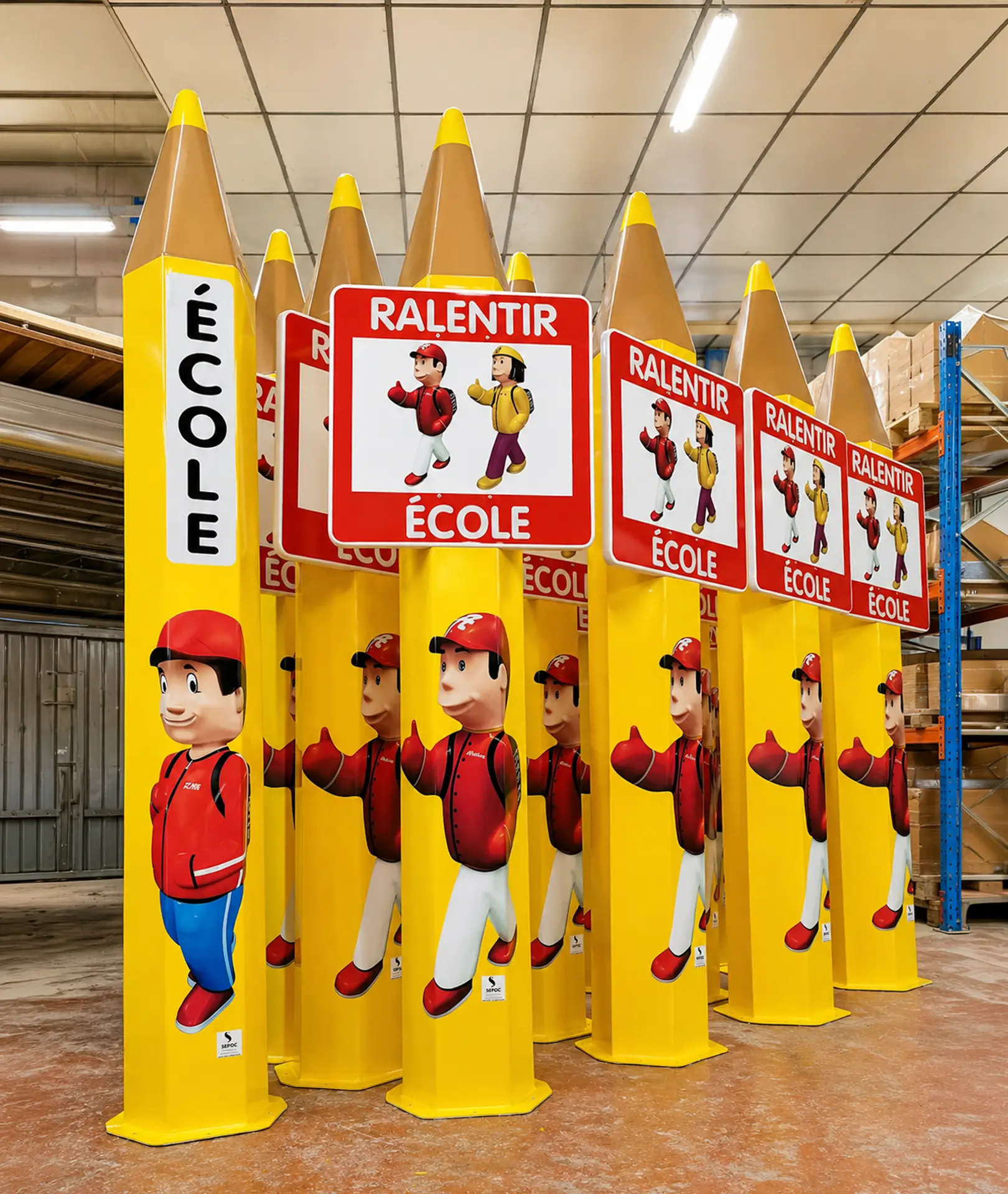 Totems crayons prêts à être livrés dans l'atelier SERAC