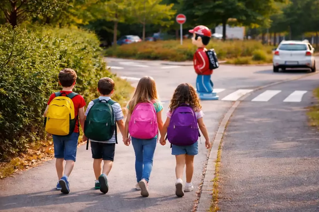 Enfants sur un itinéraire pédibus balisé par une figurine de signalisation