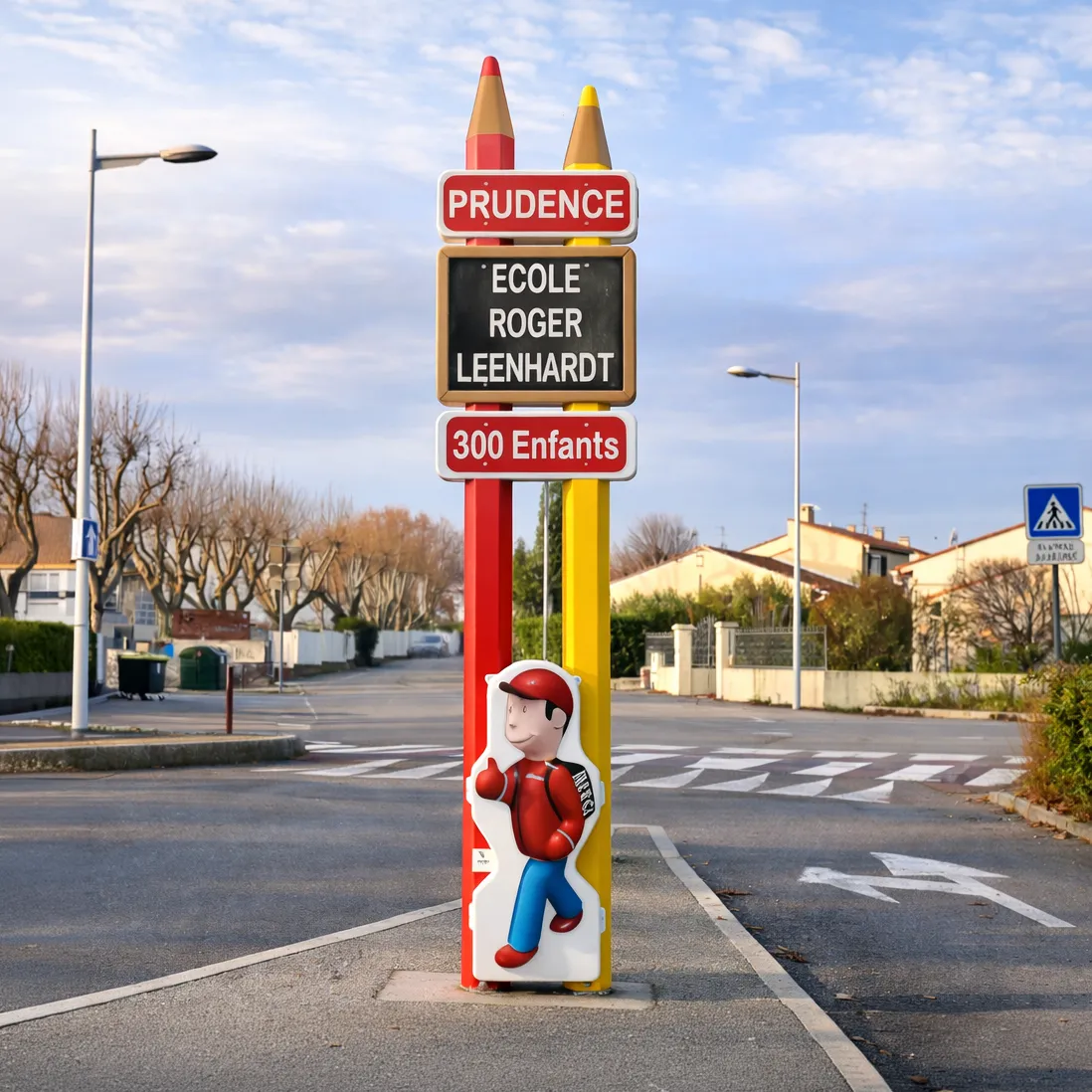 Totem de signalisation « Prudence école » et figurine installés devant une école