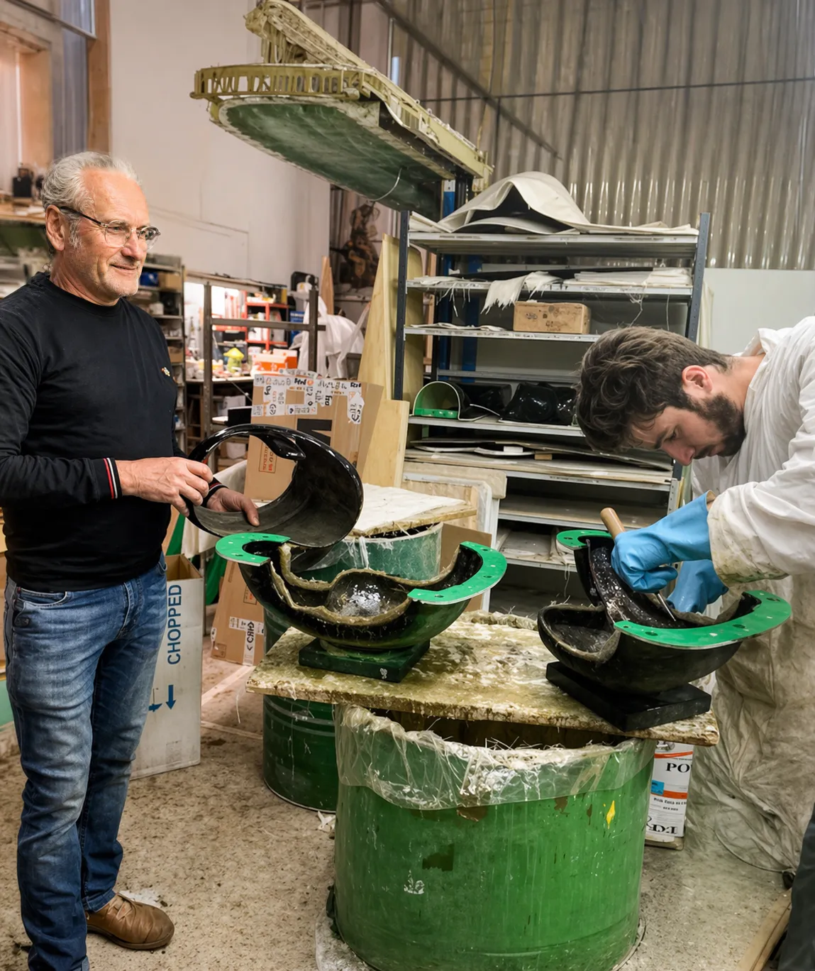 Artisan SERAC travaillant le composite dans l'atelier de fabrication en Savoie