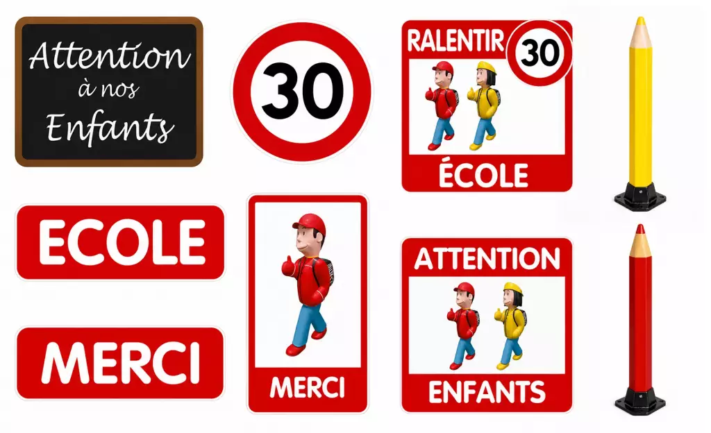 Panneaux de signalisation scolaire SERAC : Attention enfants, École, Merci, 30 km/h
