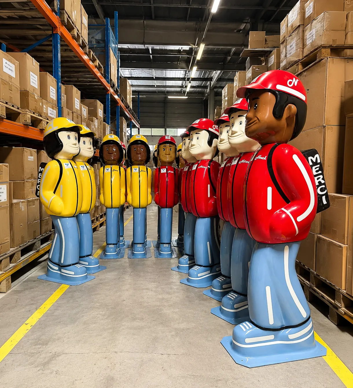Figurines de signalisation aux couleurs de la Guadeloupe dans l'atelier SERAC