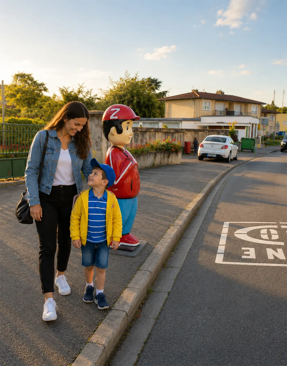 Mère et enfant au bord de la route près d'une figurine de signalisation Alix et Zak