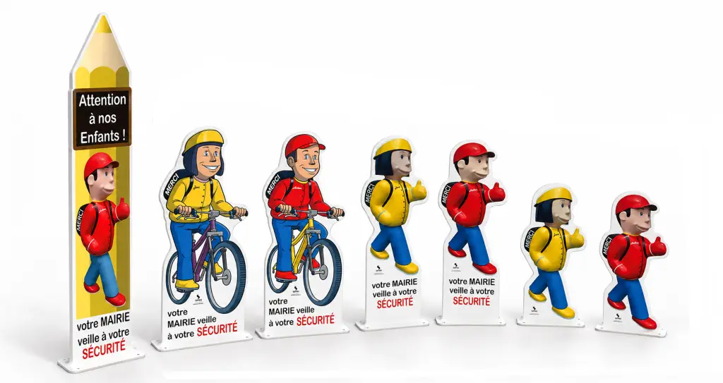 Équipements de la gamme Éco : figurines plates et totem crayon de signalisation scolaire