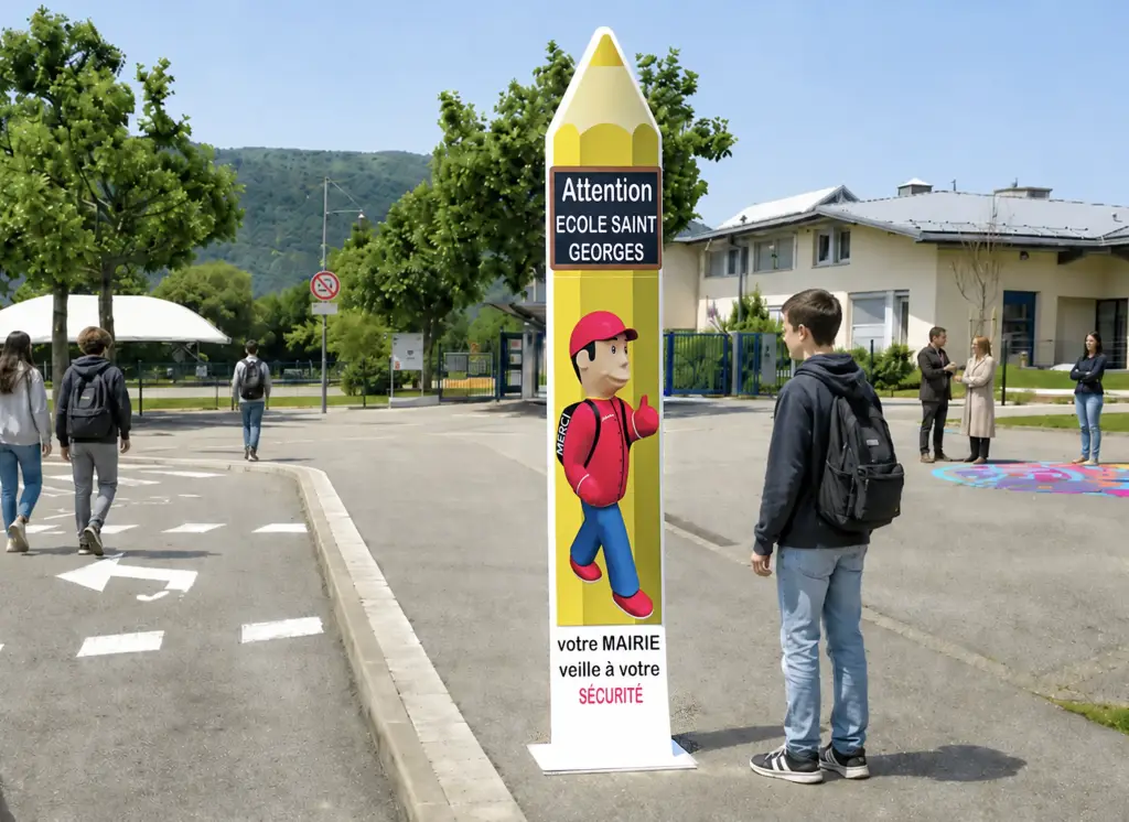 Totem crayon personnalisé installé devant un collège