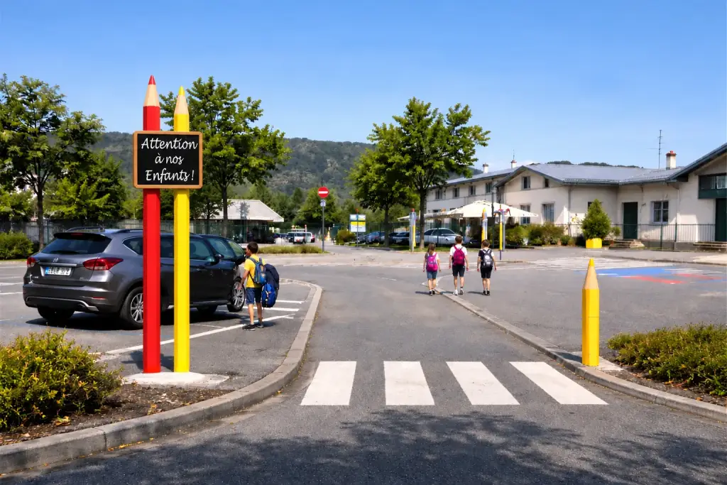 Zone de dépose-minute devant une école avec totem crayon et potelets délimiteurs